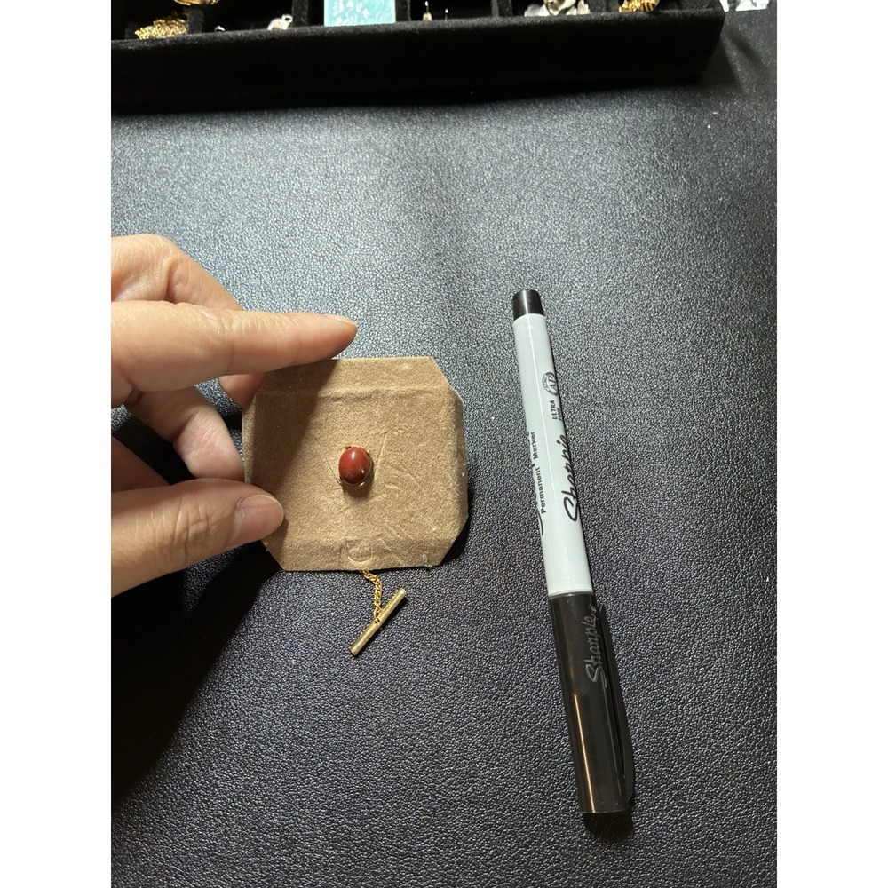 VINTAGE LANVIN - 1/20 12kt GF- Tie Tack w/ Red Oval Cabochon Stone